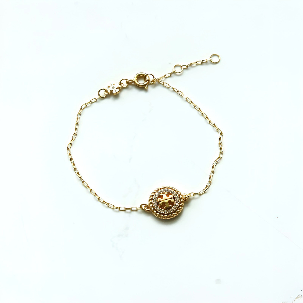 Tory Burch Gold Basic Round Spiral Wheat Ear Diamond Double Chain Bracelet